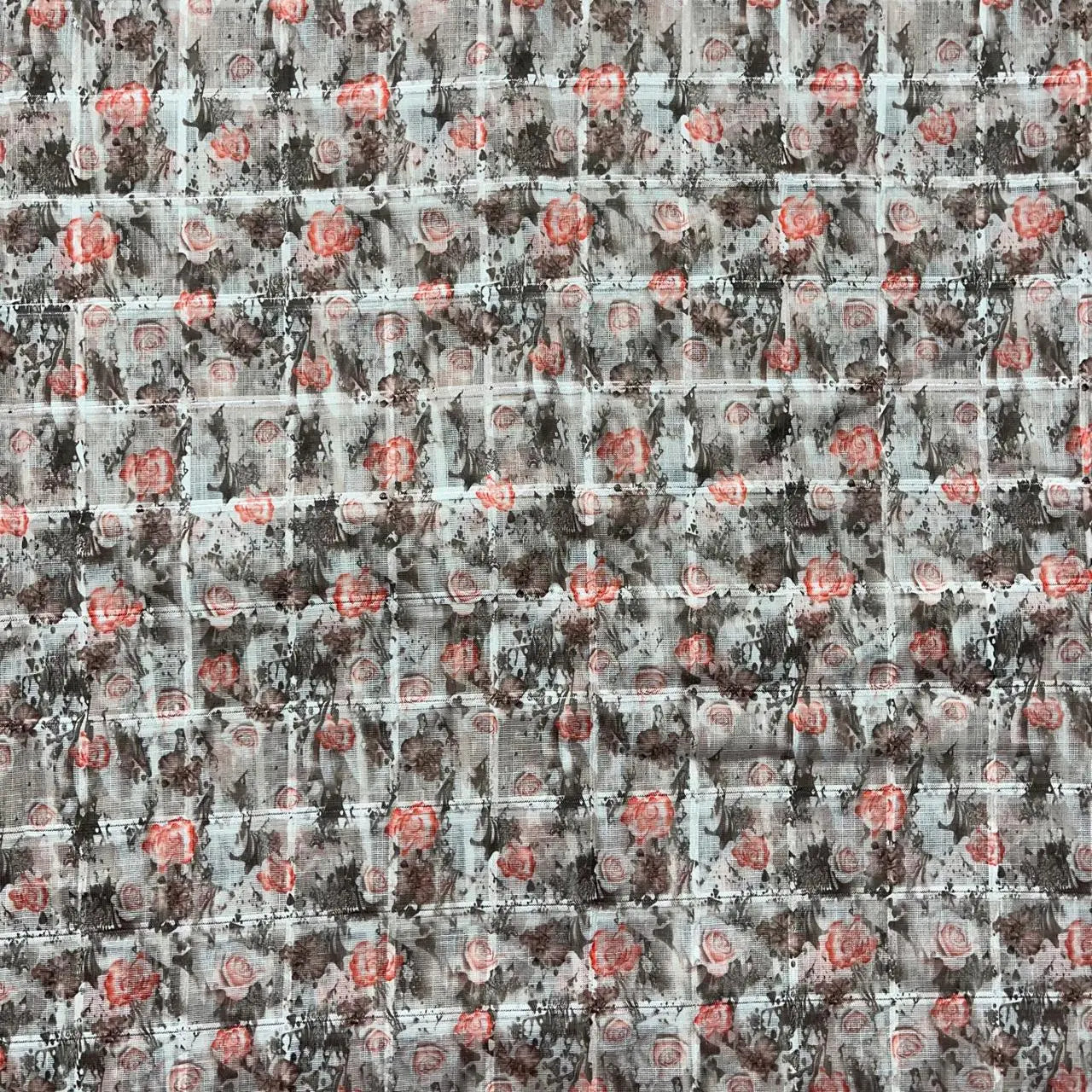 Grey Color Digital Print Linen Checks Fabric