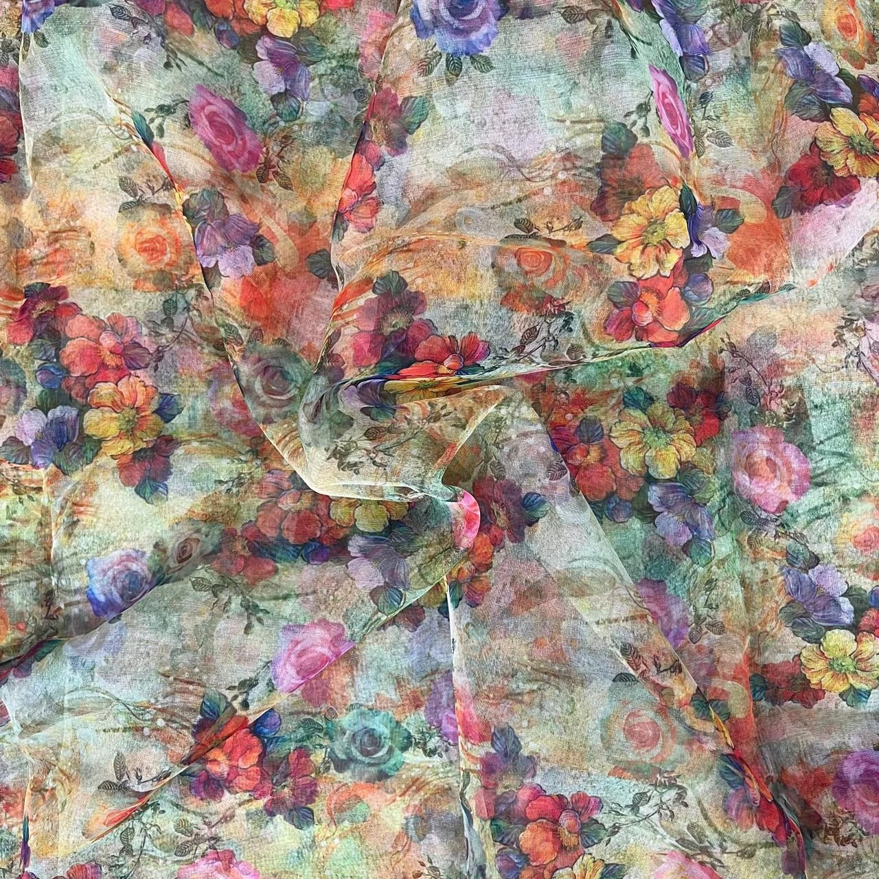 Pink And Violet Floral Digital Print Organza Fabric