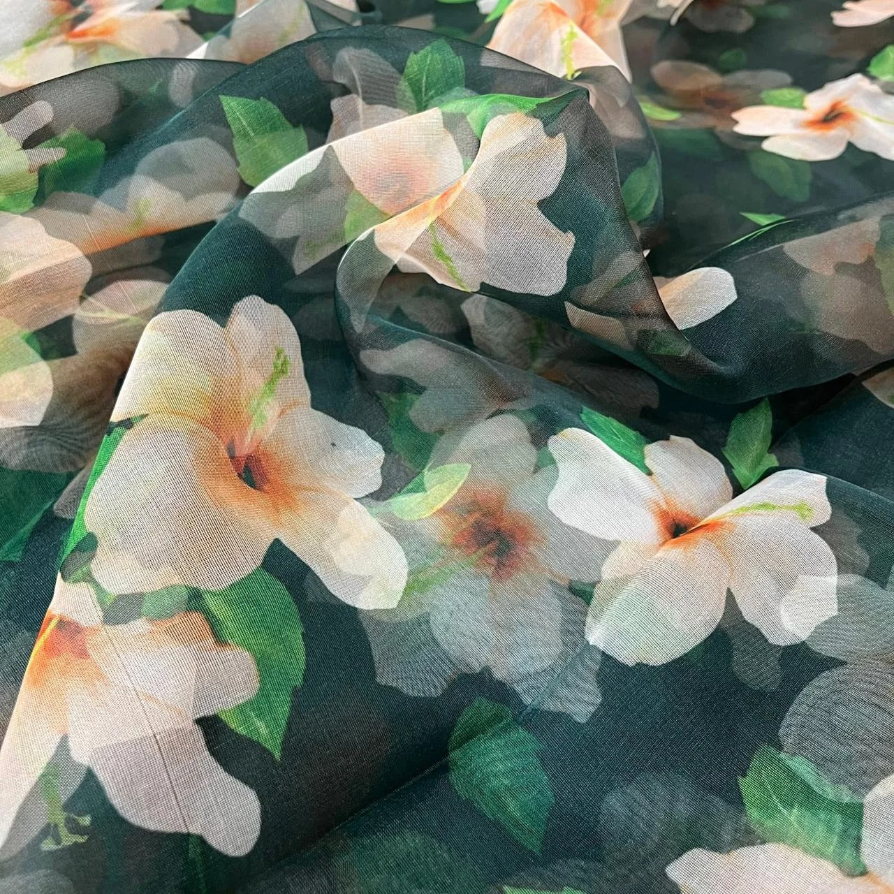 Green Floral Digital Print Organza Fabric