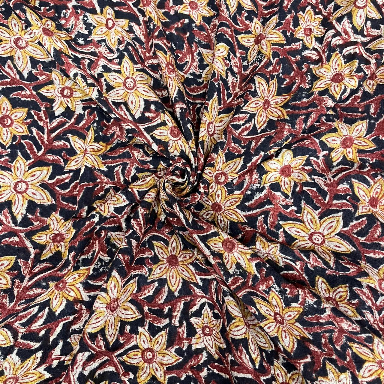 Black Pearl Color Kalamkari Hand Block Printed Cotton Fabric