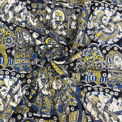 Black Color Kalamkari Hand Block Printed Cotton Fabric