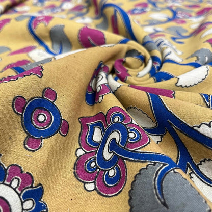 Sand Brown Color Kalamkari Hand Block Printed Cotton Fabric