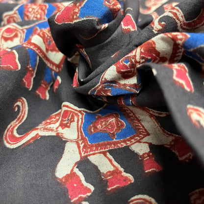 Black Color Kalamkari Hand Block Printed Cotton Fabric