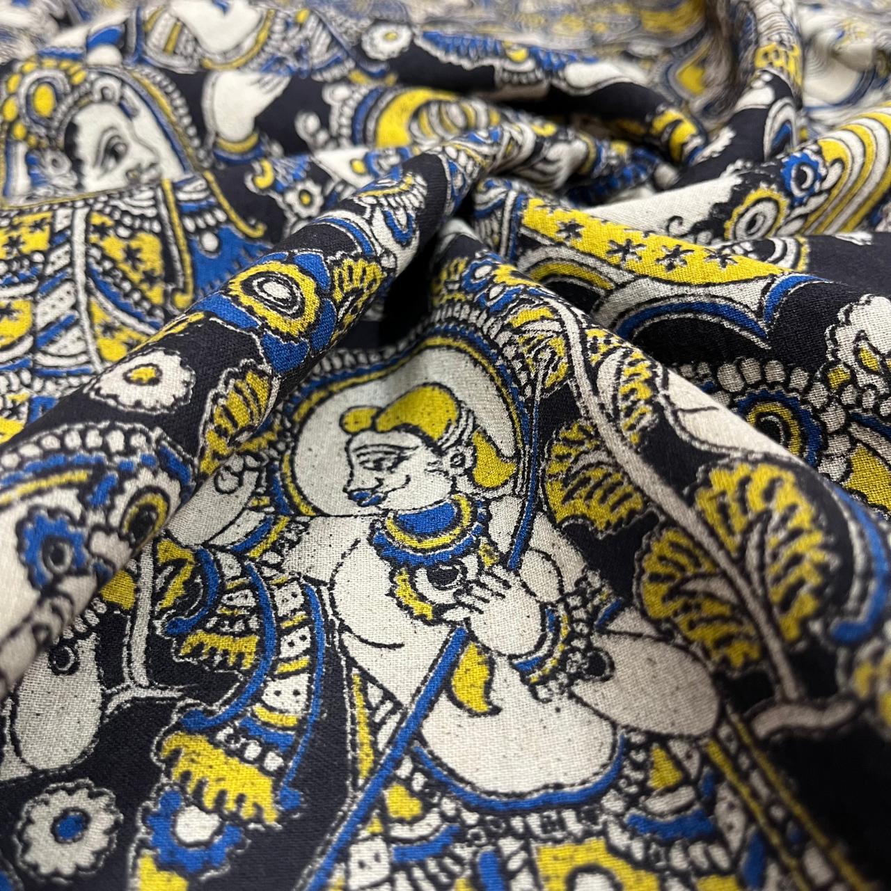 Black Color Kalamkari Hand Block Printed Cotton Fabric